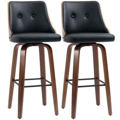 PU Leather Swivel Bar Stools, Set of 2, Solid Wood Legs, Black Bar Stools Black, Walnut at Gallery Canada