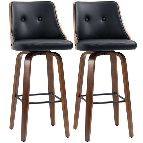 PU Leather Swivel Bar Stools, Set of 2, Solid Wood Legs, Black