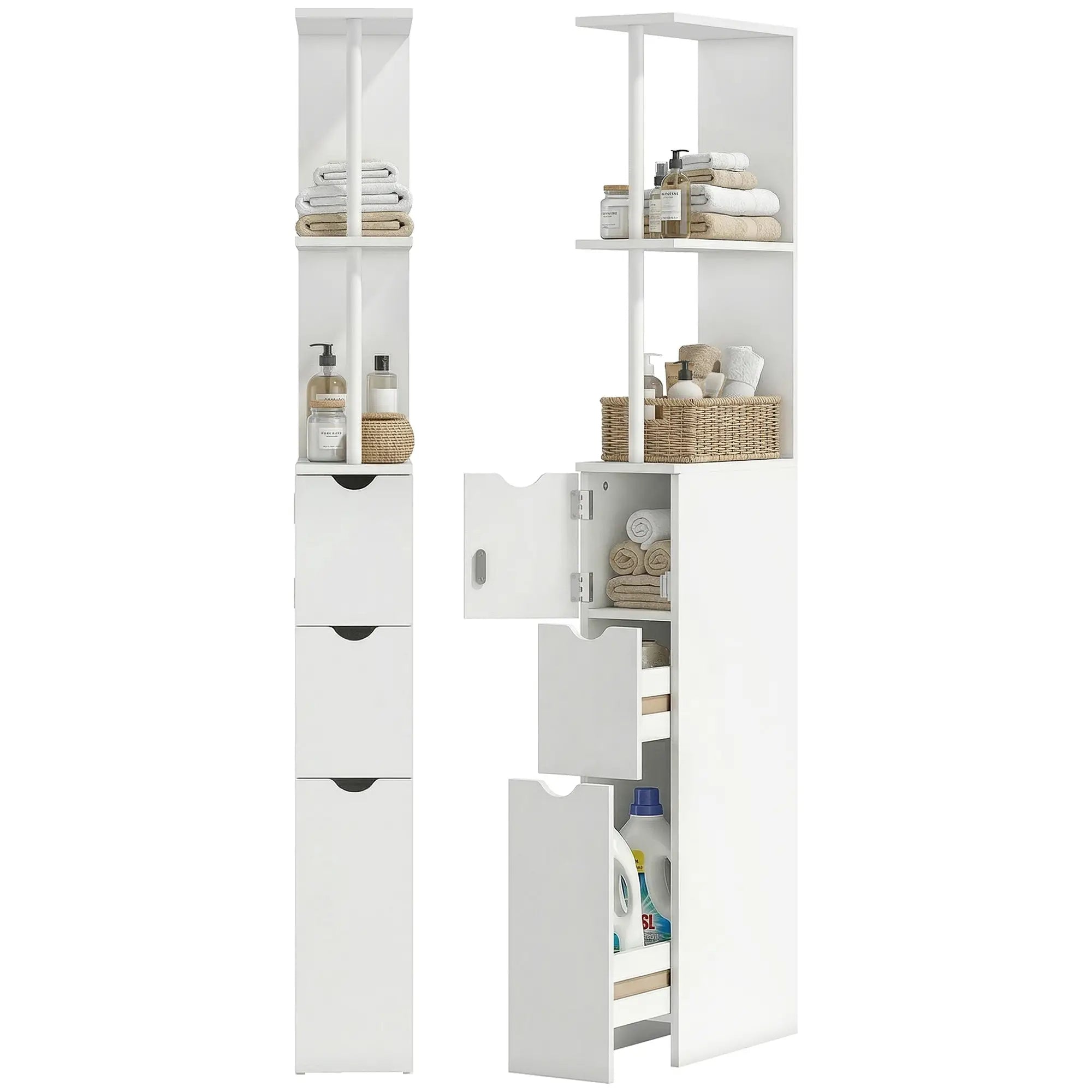 Tall Narrow Bathroom Storage Cabinet, Drawers and Open Shelves, White Bathroom Cabinets at Gallery Canada
