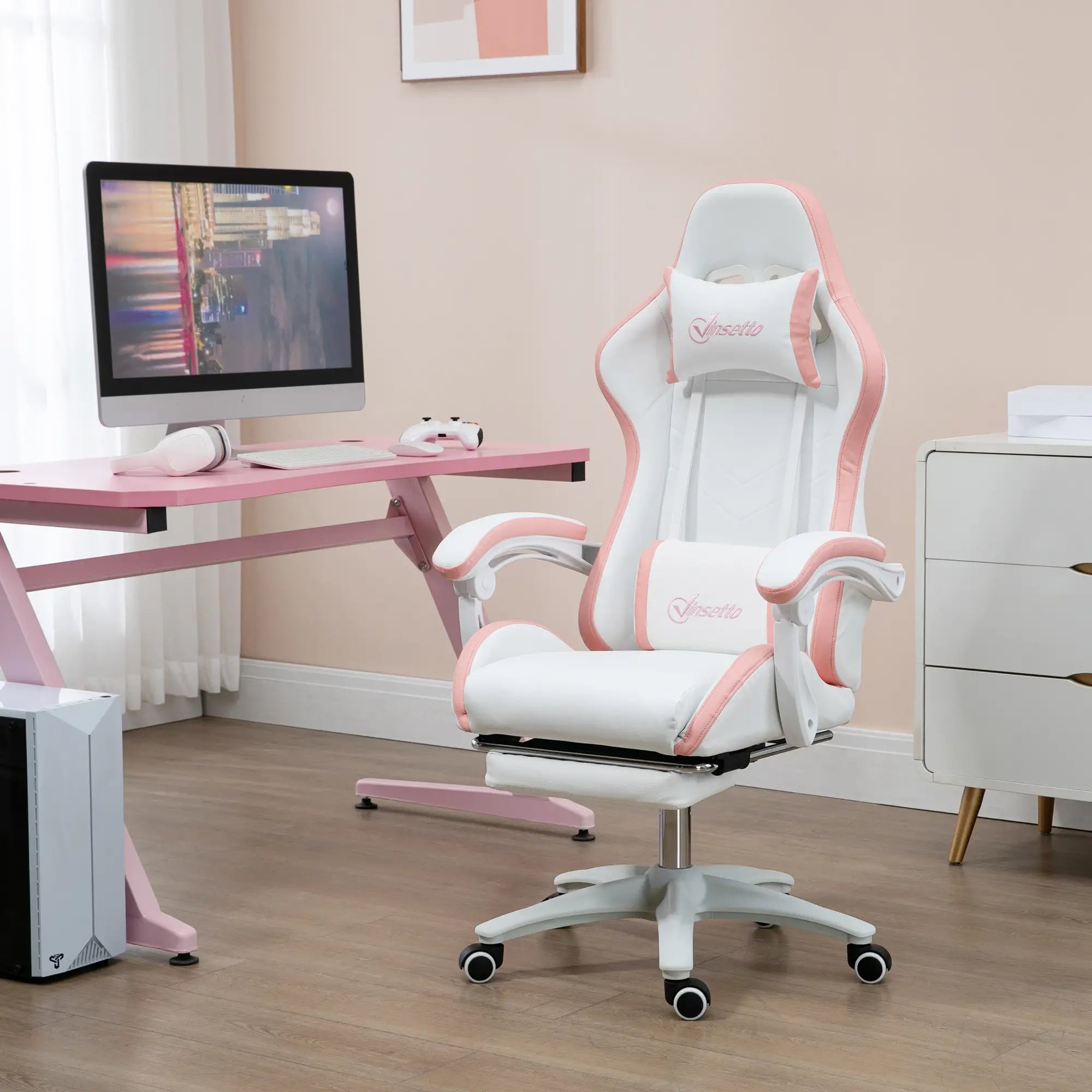 Computer Gaming Chair, PU Leather, 135° Reclining Back, White Video Game Chairs at Gallery Canada