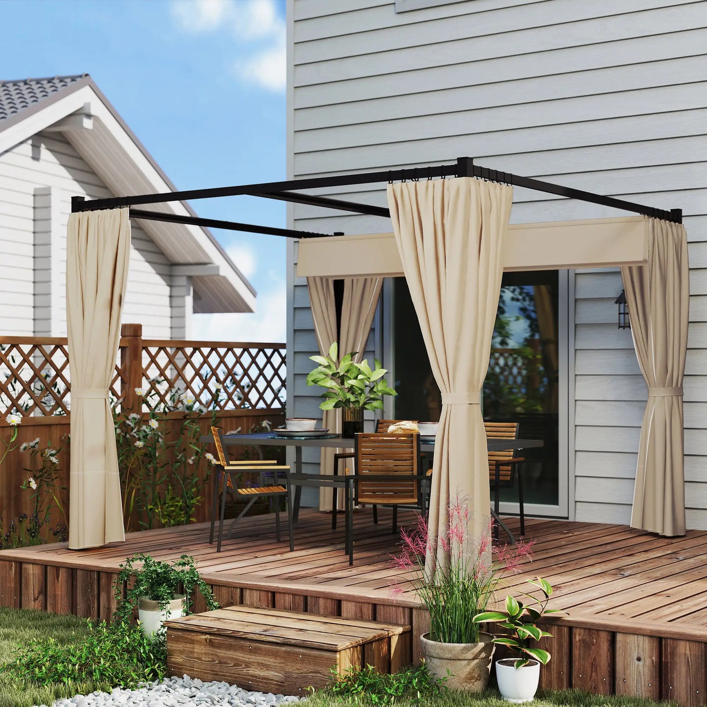 10' x 10' Retractable Pergola, Garden Gazebo with Curtains, Beige Pergolas at Gallery Canada