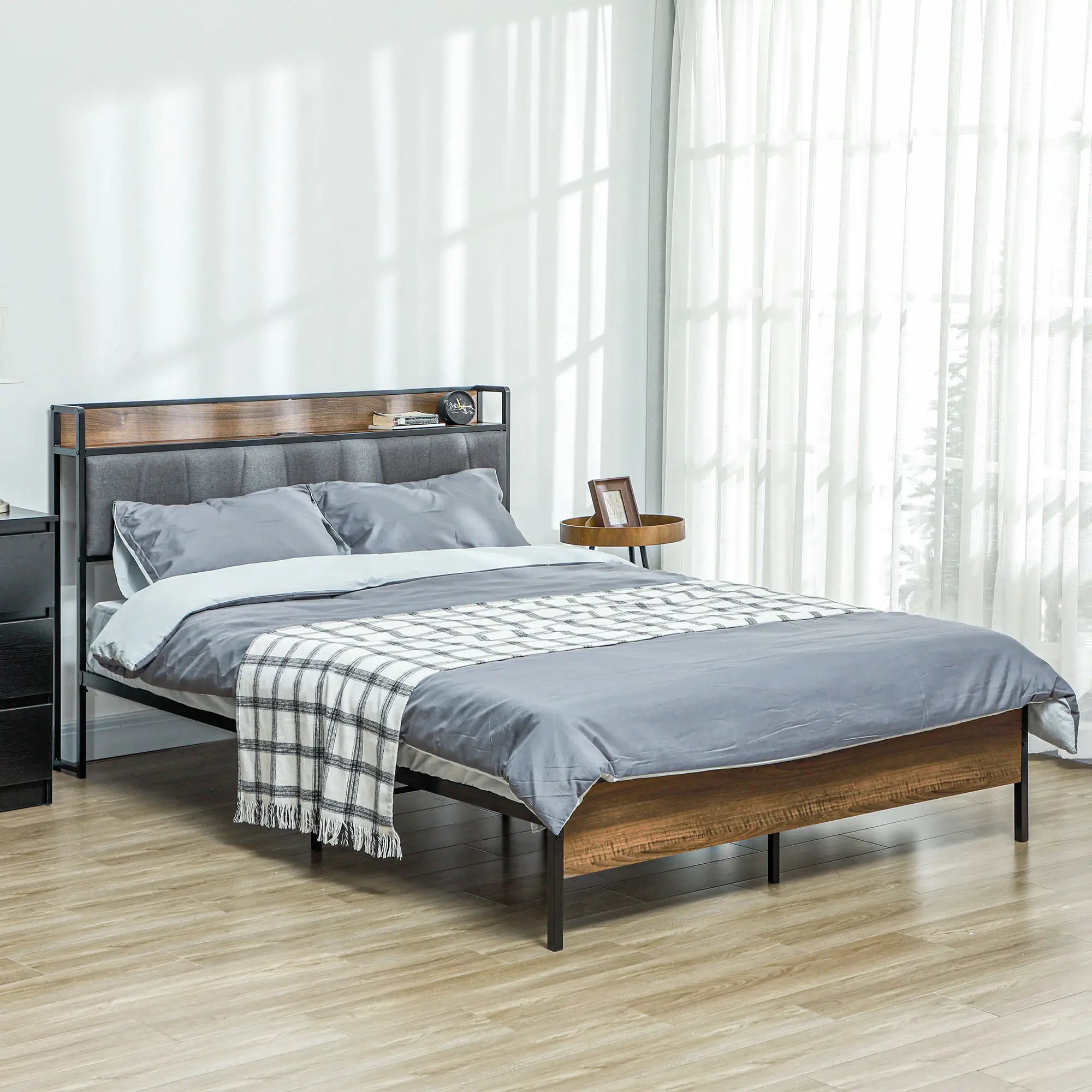 Queen Size Bed Frame, Upholstered Headboard, Storage Shelf, Walnut Bedroom Furniture at Gallery Canada