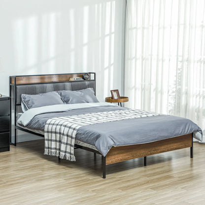 Queen Size Bed Frame, Upholstered Headboard, Storage Shelf, Walnut Bedroom Furniture at Gallery Canada