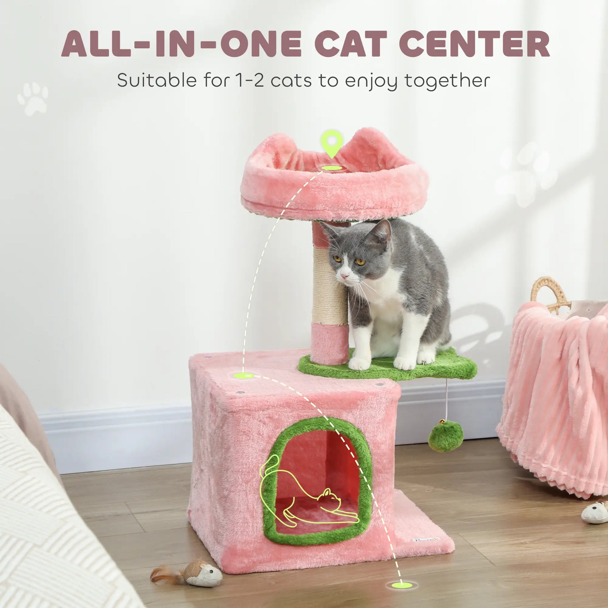 28 Inch Cat Tree Tower with Plush Bed, Condo, Scratching Post, Pink & Green Cat Posts at Gallery Canada