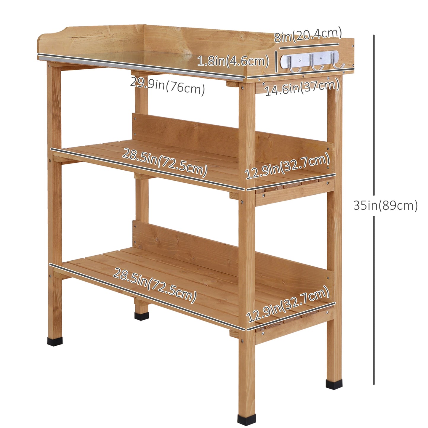 Wooden Potting Bench, Outdoor Garden Work Table, Tool Storage Shelf w/ Hooks, Natural Potting Benches & Tables at Gallery Canada