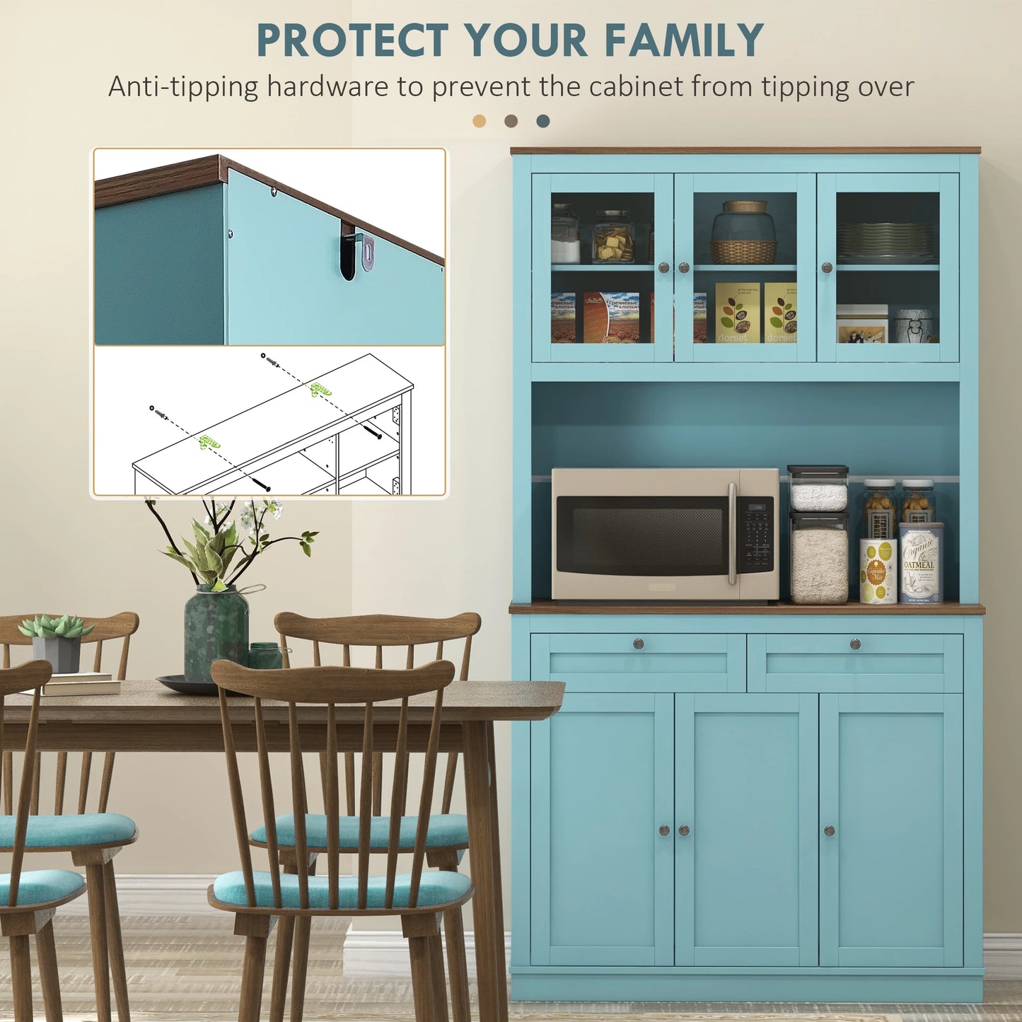 71" Pantry Cabinet with Microwave Space, Buffet Hutch, 2 Drawers, Adjustable Shelves, Glass Doors, Blue Kitchen Pantry Cabinets at Gallery Canada