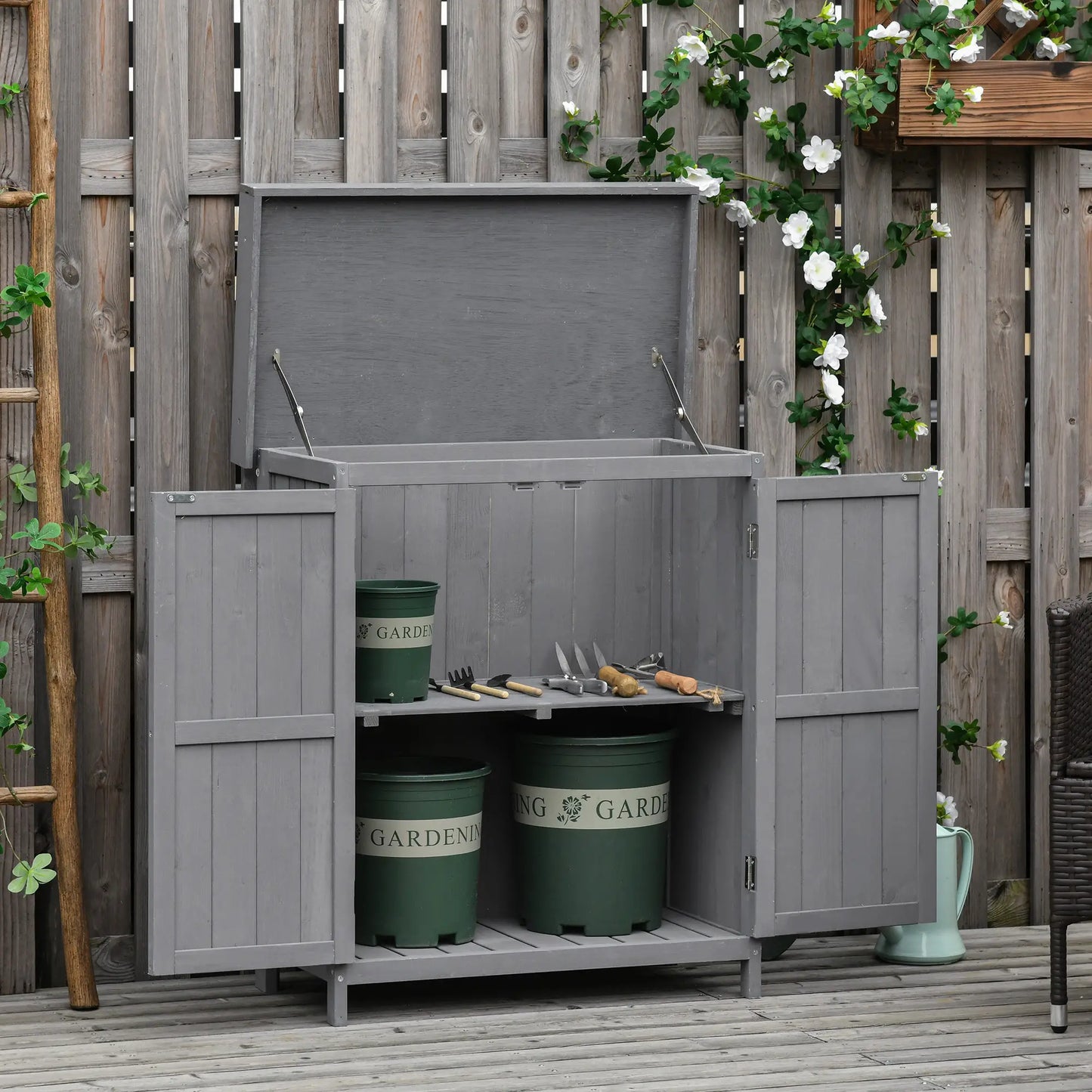 Wooden Garden Tool Shed, Hinged Roof, 2-Tier Shelves, Double Doors, 74x43x88cm, Dark Grey Sheds at Gallery Canada