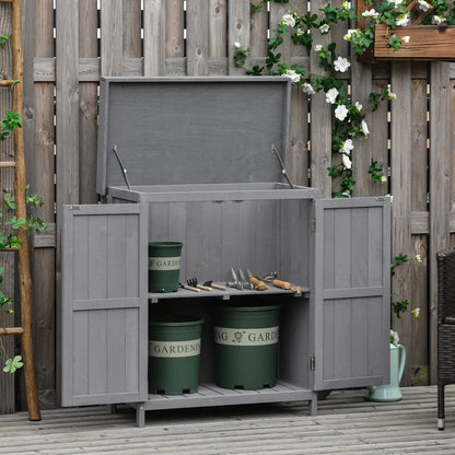 Wooden Garden Tool Shed, Hinged Roof, 2-Tier Shelves, Double Doors, 74x43x88cm, Dark Grey Sheds at Gallery Canada
