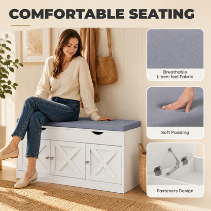 3-Door Shoe Bench with Cushion, Adjustable Shelves, White
