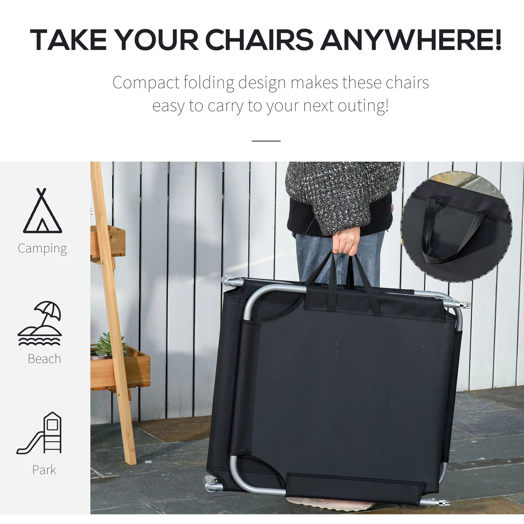 Outdoor Folding Chaise Lounge, Adjustable Backrest, Breathable Mesh, Black Lounger Chairs at Gallery Canada