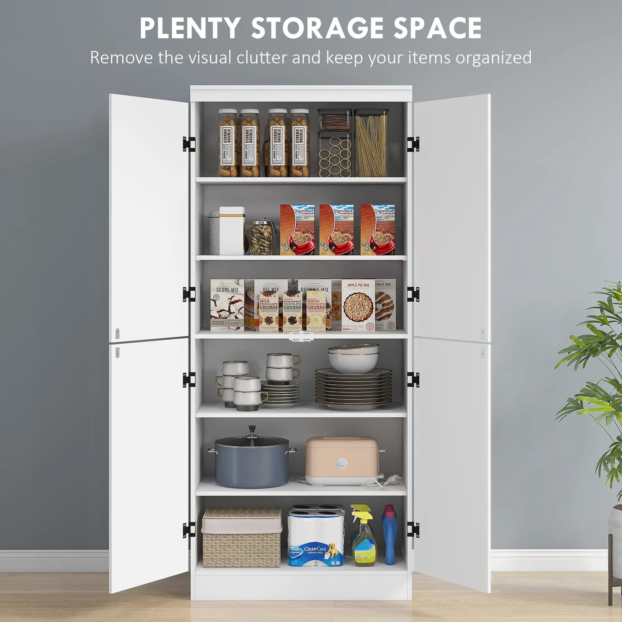 4-Door Storage Cabinet, Freestanding Pantry with Adjustable Shelves, 70