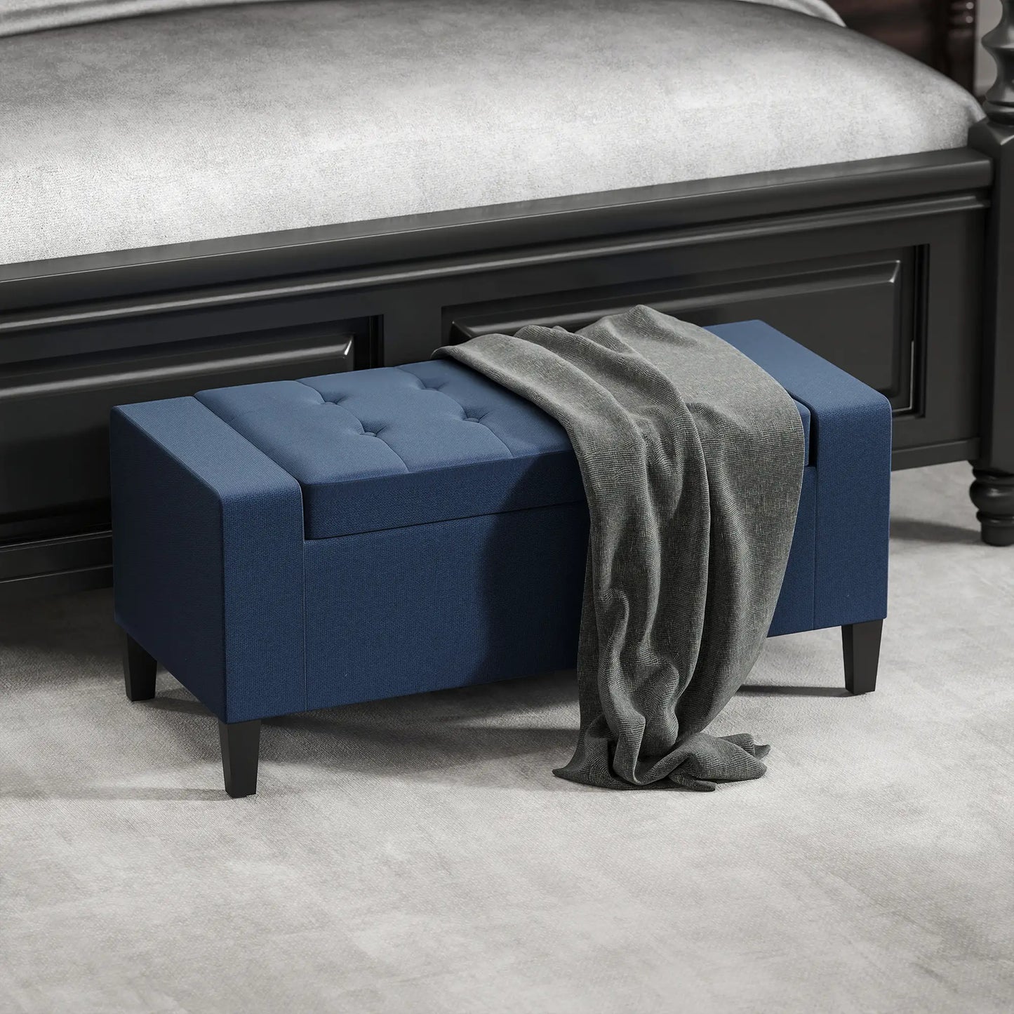 Storage Ottoman Bench, Linen Upholstered, Tufted, Dark Blue Storage Ottomans & Benches at Gallery Canada