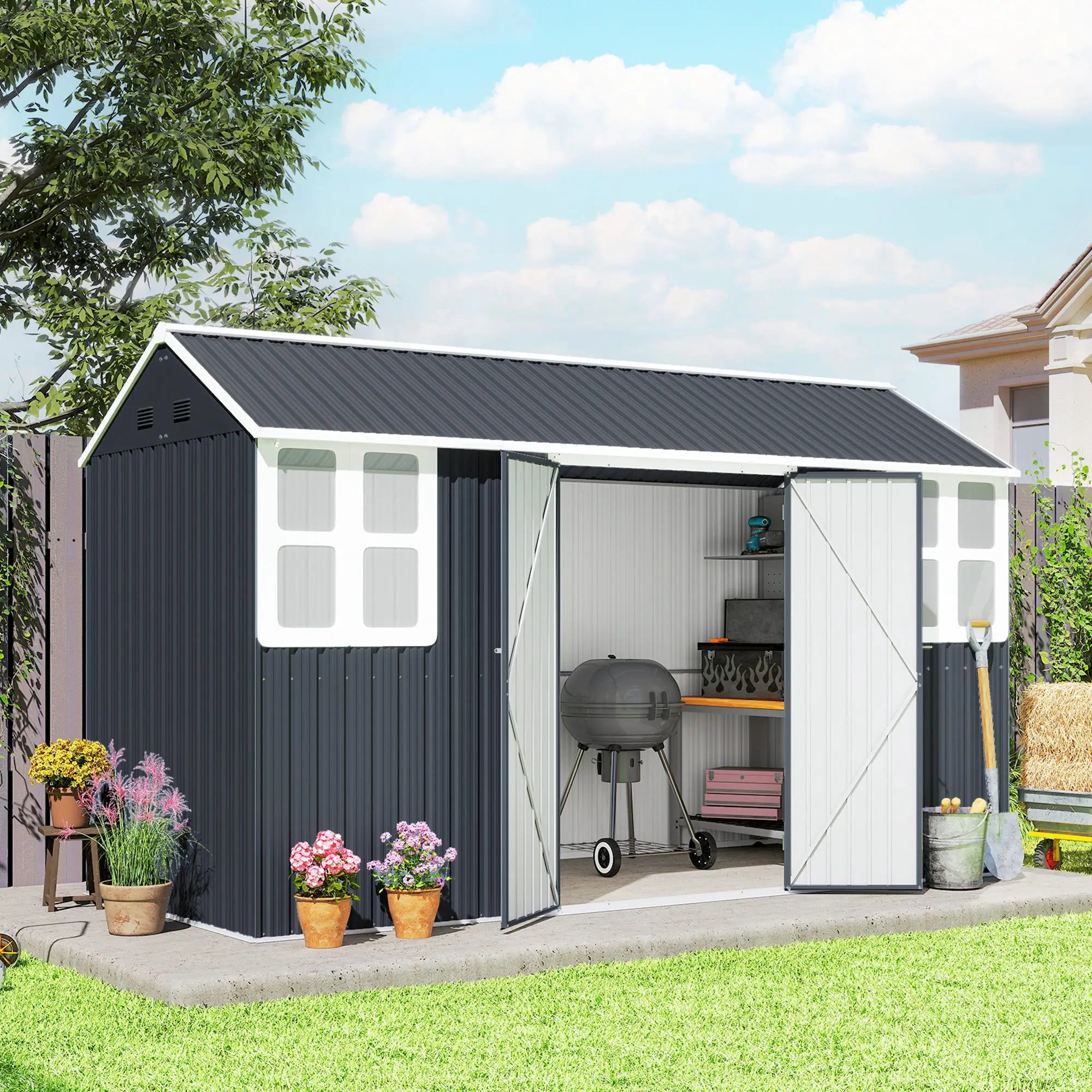 12' x 5.5' Metal Garden Shed, Outdoor Storage, Lockable Door, Dark Grey Sheds at Gallery Canada
