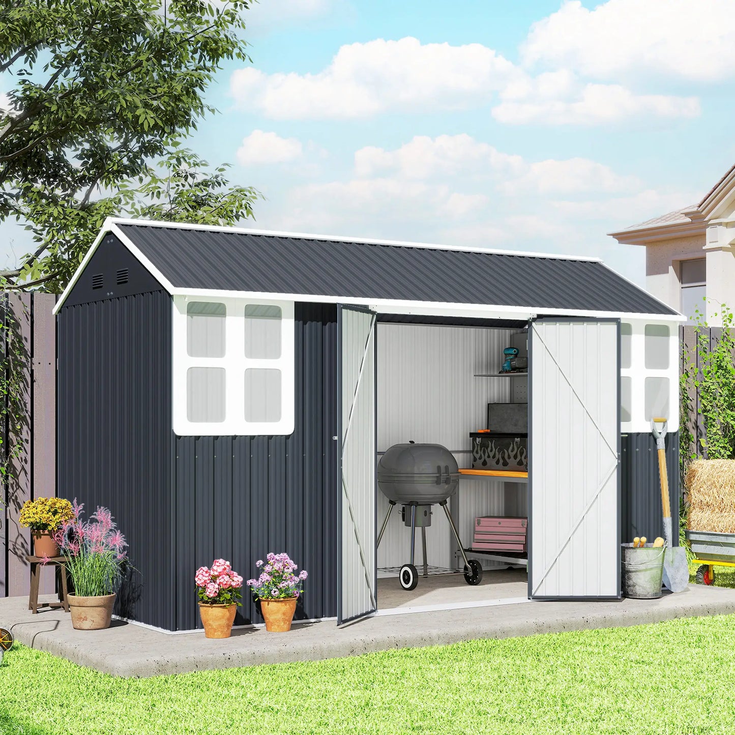 12' x 5.5' Metal Garden Shed, Outdoor Storage, Lockable Door, Dark Grey Sheds at Gallery Canada