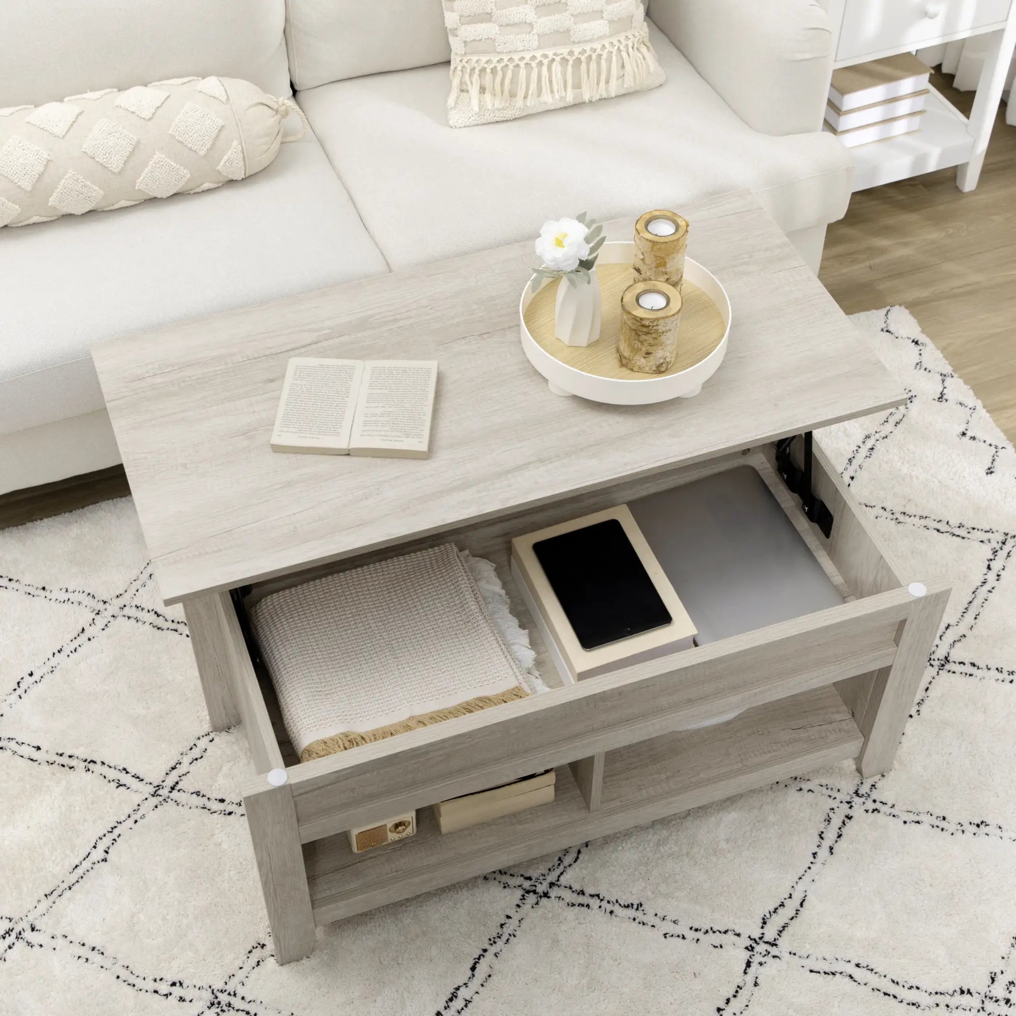Lift Top Coffee Table, Hidden Storage, Open Shelves, Oak Effect Coffee Tables at Gallery Canada