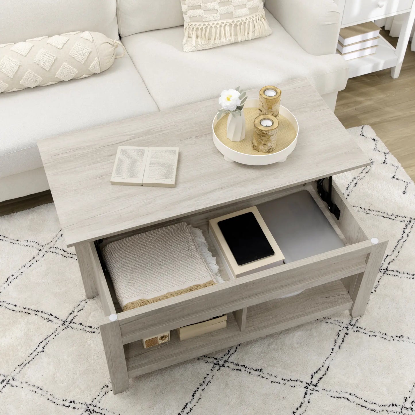 Lift Top Coffee Table, Hidden Storage, Open Shelves, Oak Effect Coffee Tables at Gallery Canada