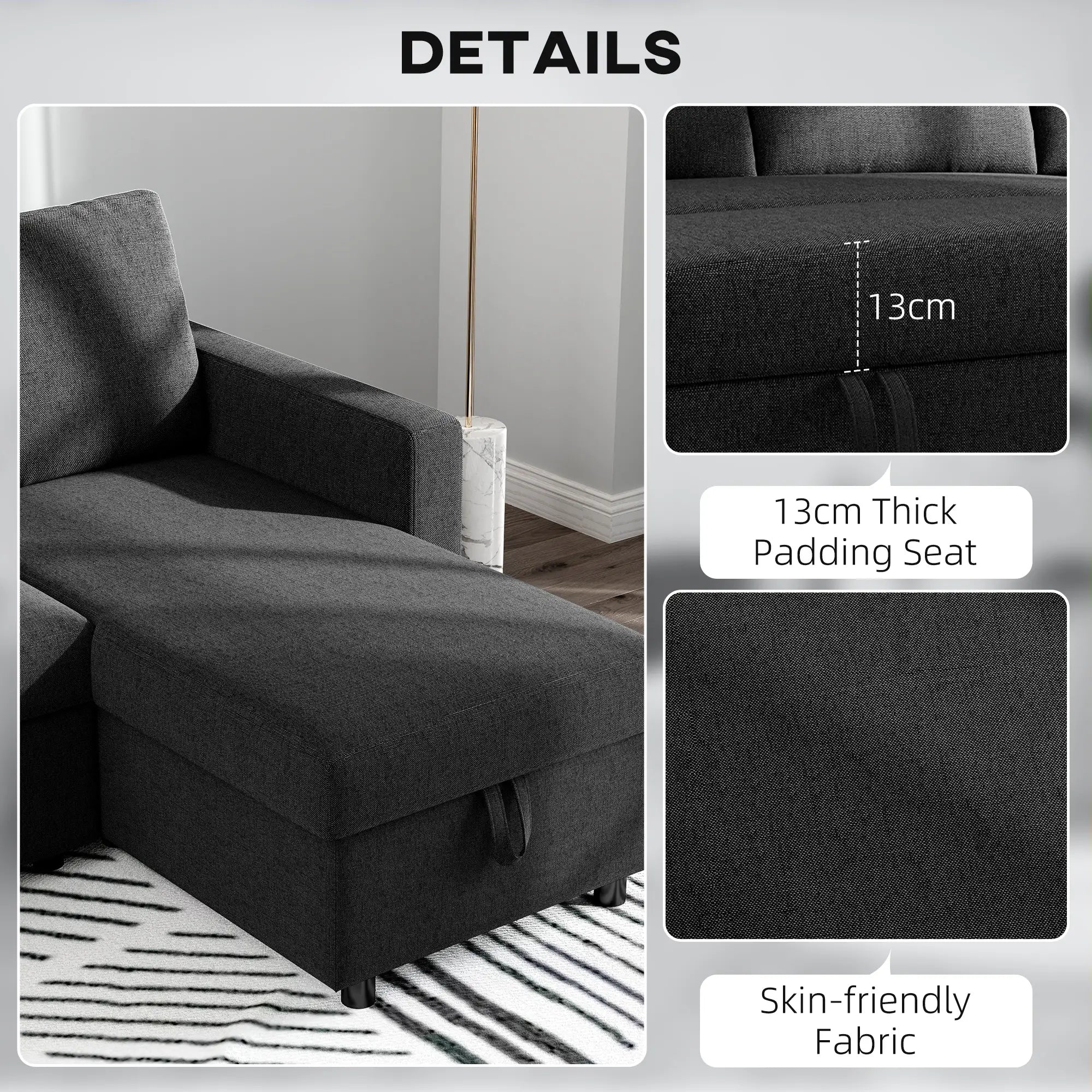 Convertible Corner Sofa Bed, Built-In Storage, 3 Removable Cushions, Black Sofas & Reclining Chairs at Gallery Canada
