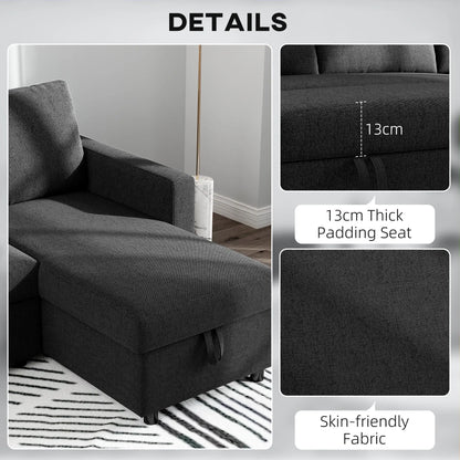 Convertible Corner Sofa Bed, Built-In Storage, 3 Removable Cushions, Black Sofas & Reclining Chairs at Gallery Canada