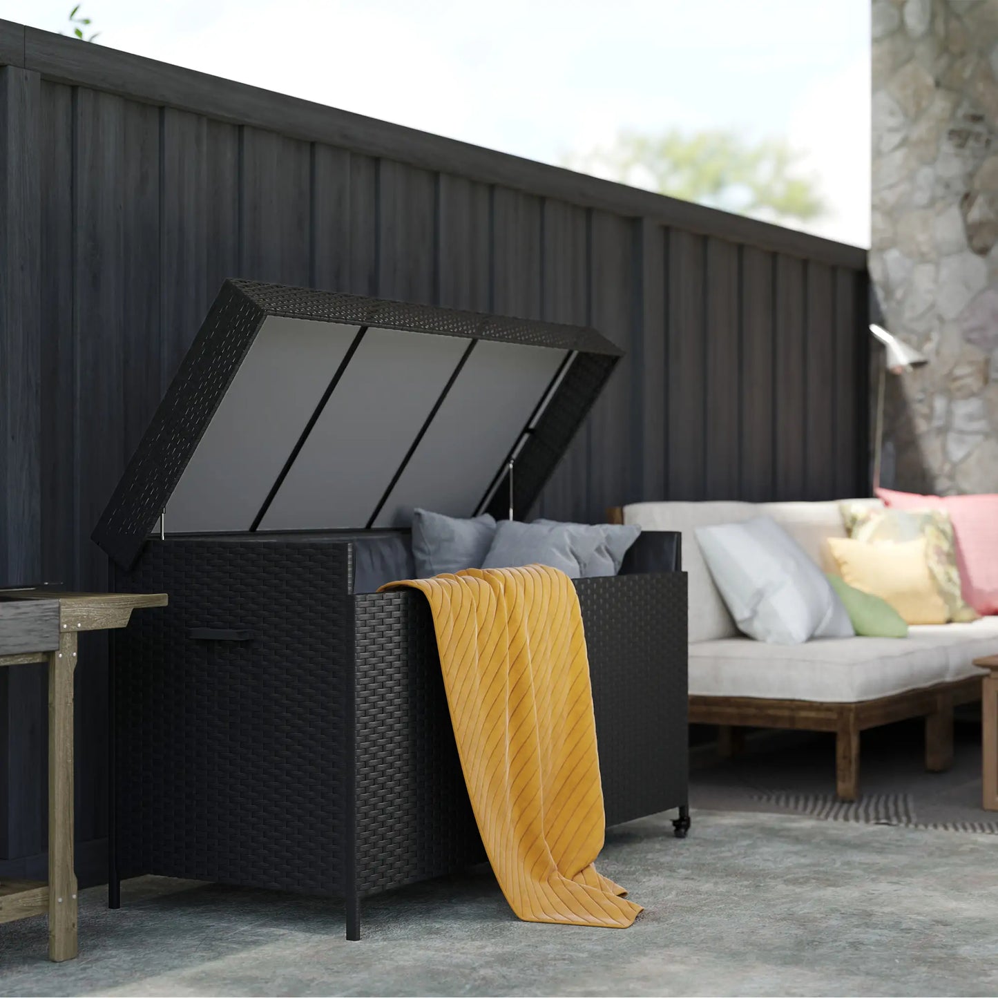 165 Gallon Deck Box, Wicker Outdoor Storage, Waterproof Liner, Black Patio Storage Boxes at Gallery Canada