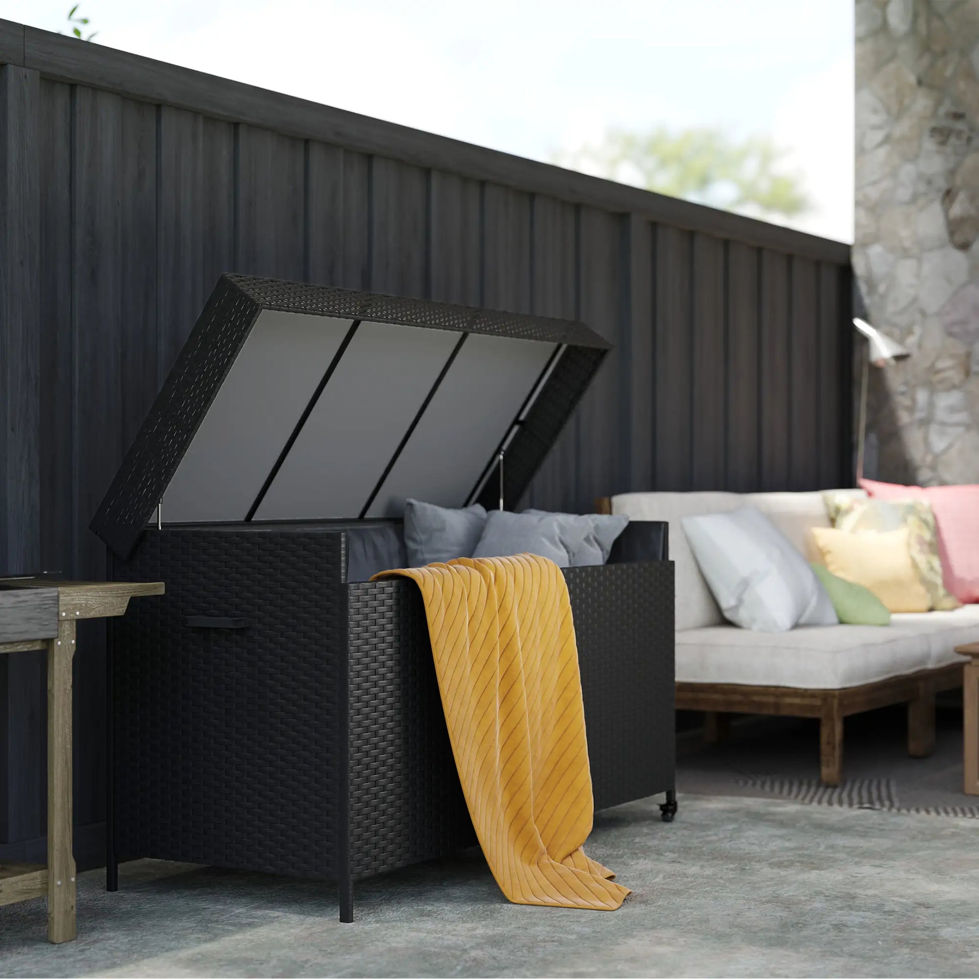 165 Gallon Deck Box, Wicker Outdoor Storage, Waterproof Liner, Black Patio Storage Boxes at Gallery Canada