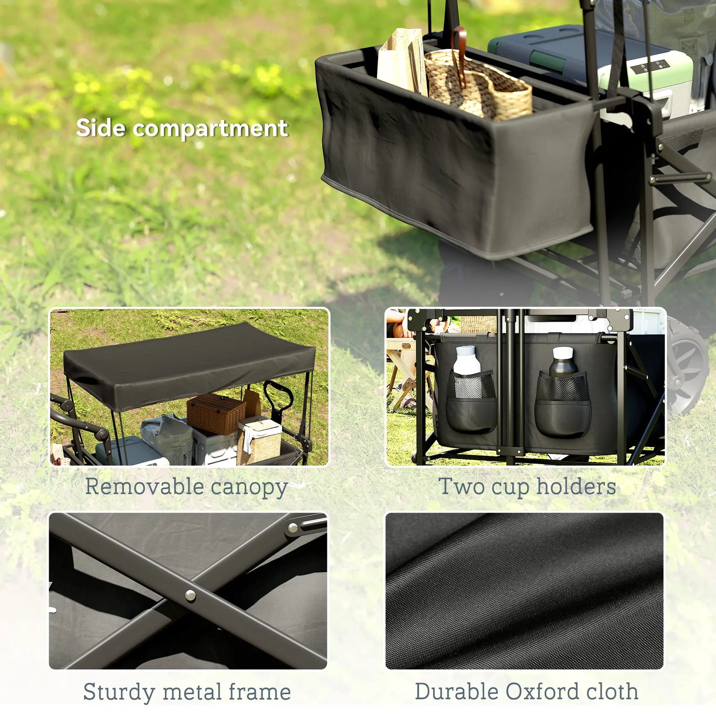 80L Folding Wagon Cart, Heavy-Duty Collapsible, Adjustable Handle, Black Folding Garden Carts at Gallery Canada