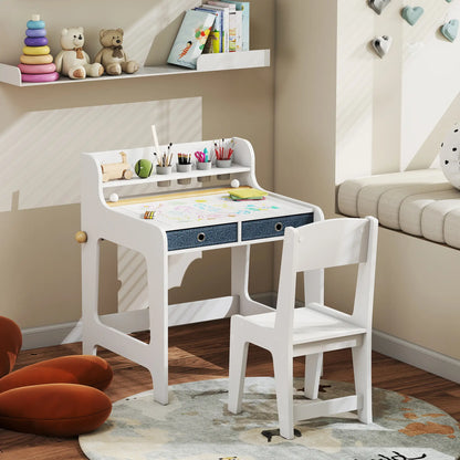 Kids Study Table and Chair Set, Art Desk with Storage Shelf, 3-8 Year Old