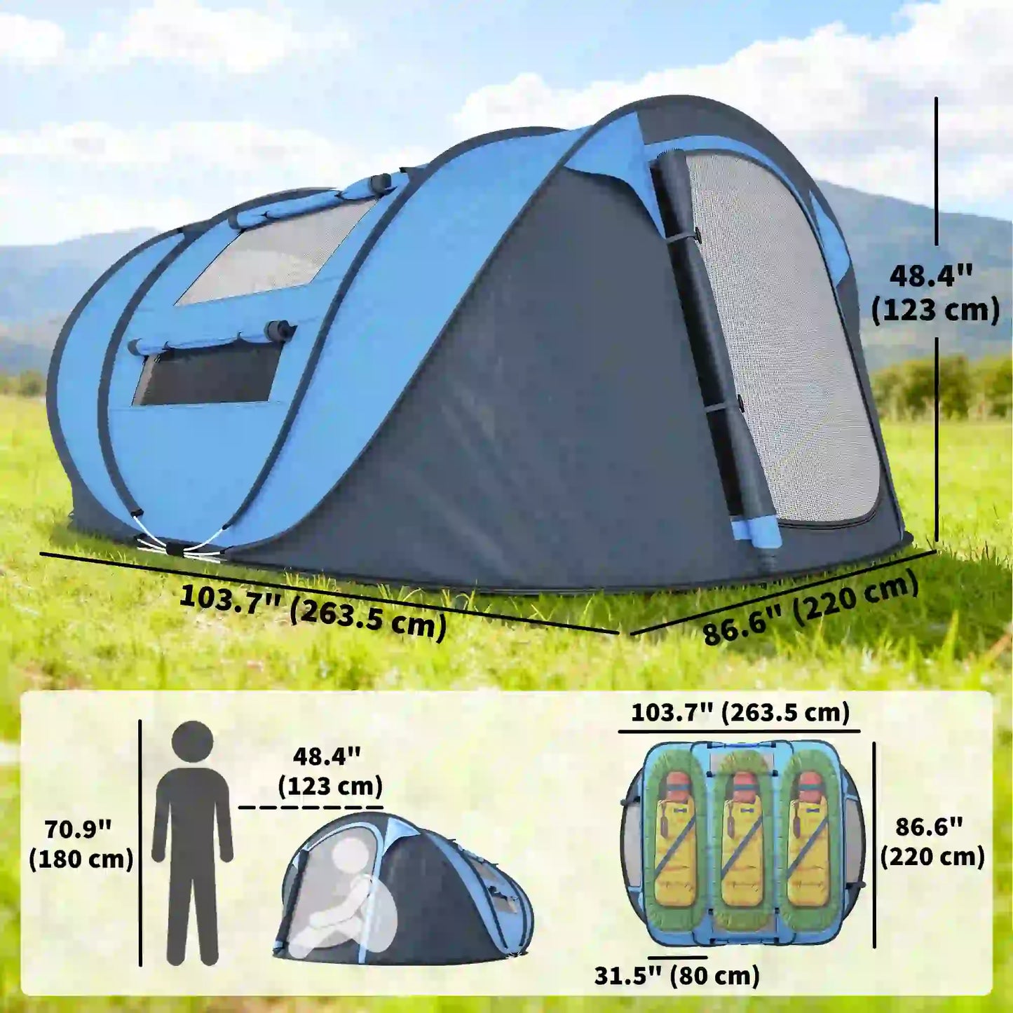4 Person Pop Up Tent, Automatic Setup, With Doors, Windows, Carry Bag, Blue Camping Tents at Gallery Canada