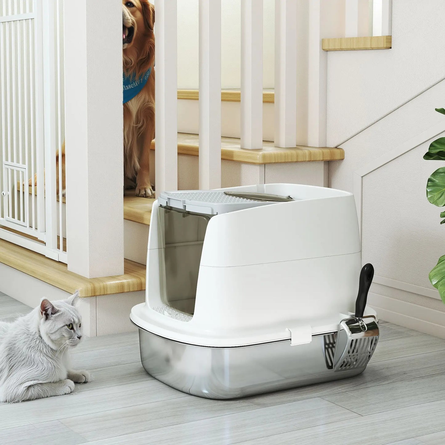 Large Stainless Steel Litter Box, Enclosed Metal Cat Litter Tray