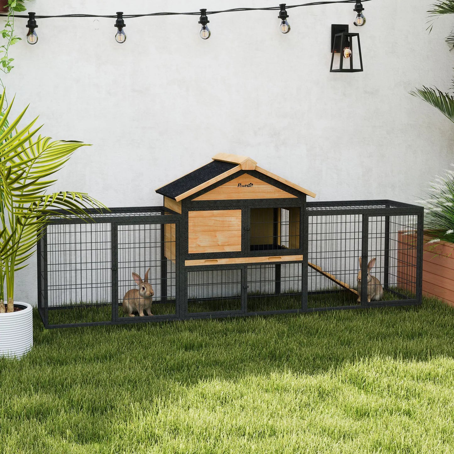 85"L Large Wooden Rabbit Hutch, Outdoor Bunny Cage With Run Box, Yellow Rabbit Hutch at Gallery Canada