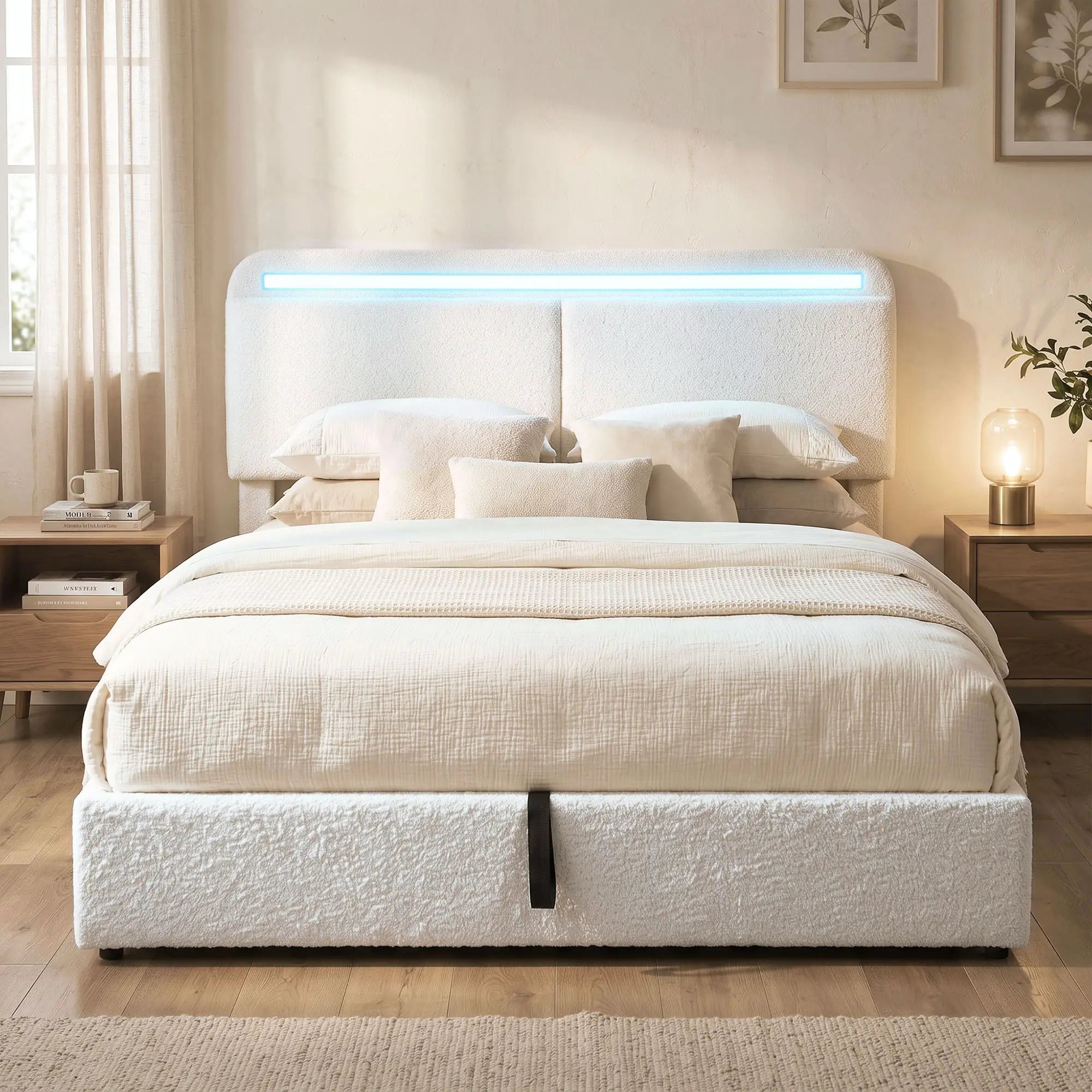 Queen Bed Frame with Charging Station, LED Lights, Adjustable Headboard, White Bed Frames at Gallery Canada