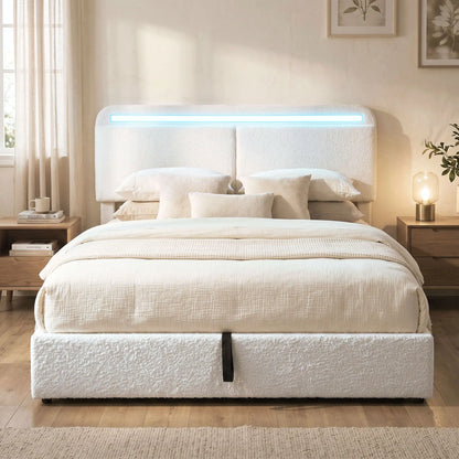 Queen Bed Frame with Charging Station, LED Lights, Adjustable Headboard, White Bed Frames at Gallery Canada