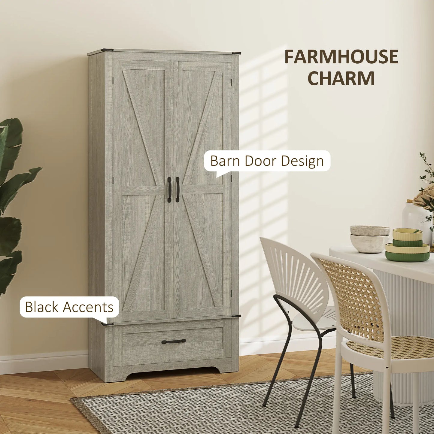 72" Farmhouse Pantry Cabinet, Adjustable Shelves, 2 Doors, Distressed, Light Grey Storage Cabinets at Gallery Canada