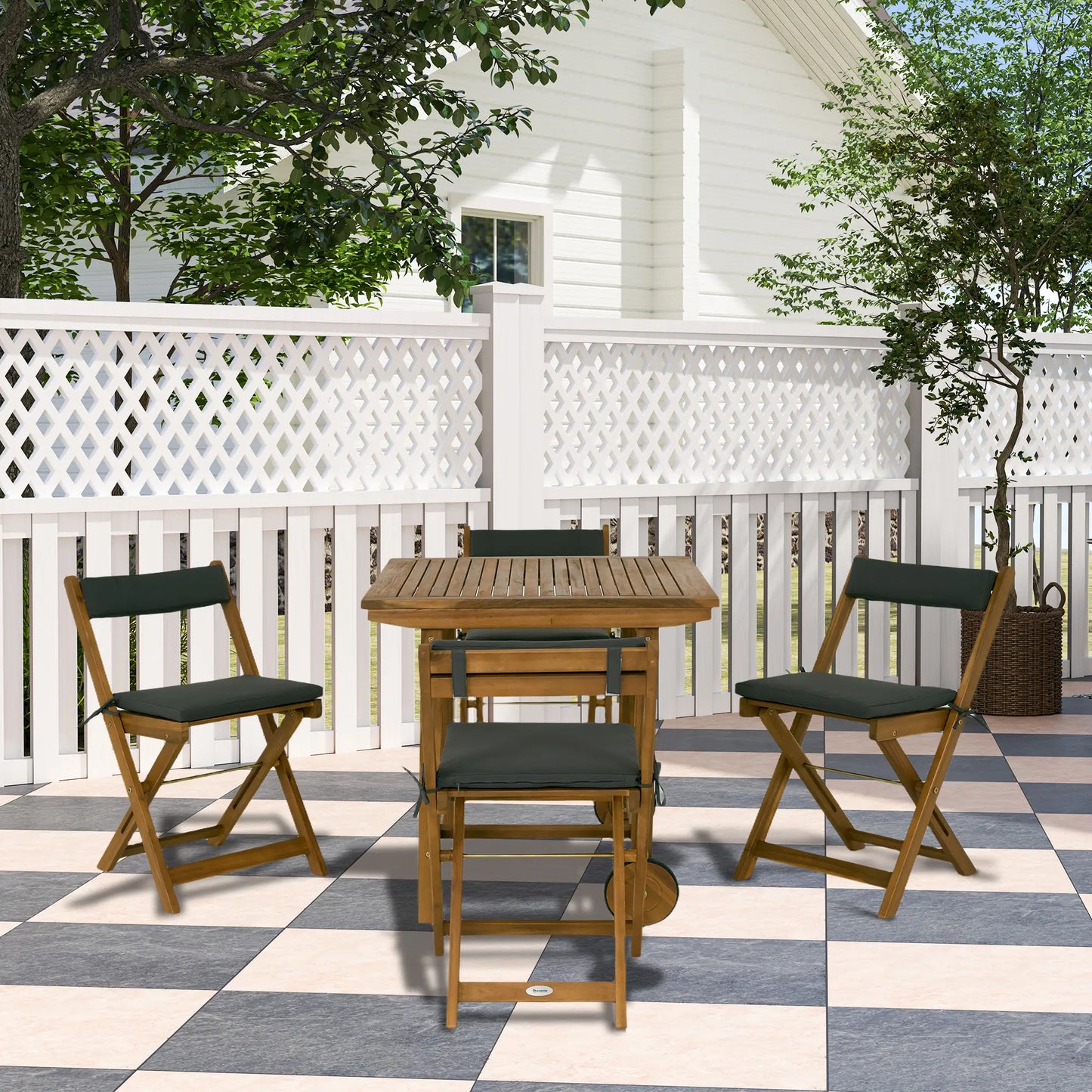 5-Piece Wood Patio Dining Set, Wheeled Table, Folding Chairs with Cushions, Teak Outdoor Dining Sets at Gallery Canada