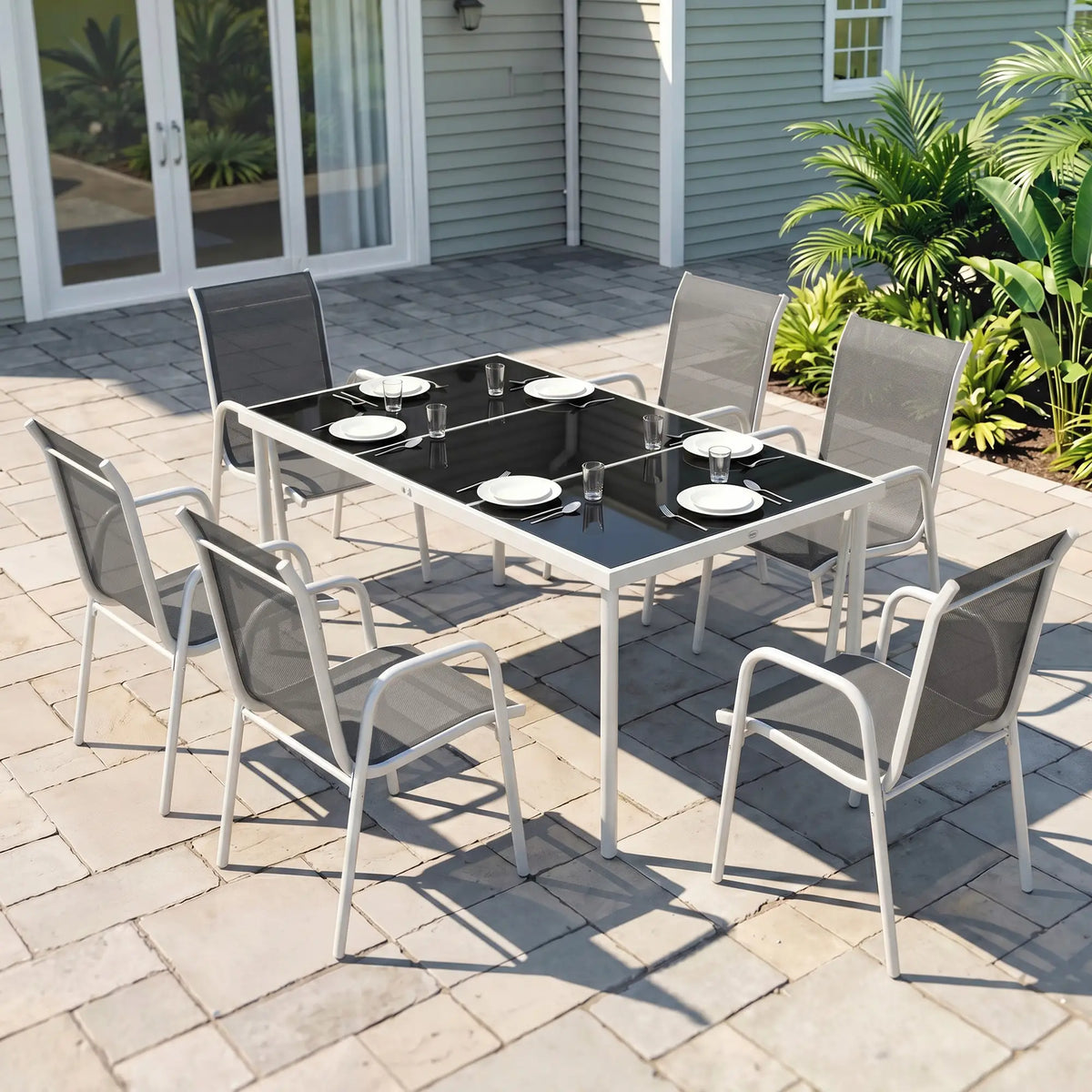 7 Piece Garden Dining Set, Rectangle Table, 6 Stackable Chairs Outdoor Dining Sets at Gallery Canada