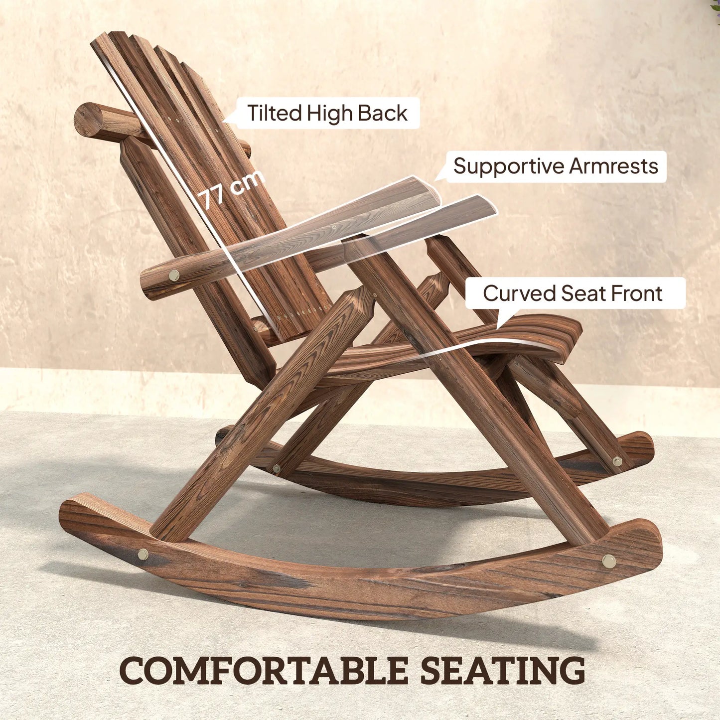 Wooden Outdoor Rocking Chair, Oversized Adirondack Patio Rocker, Carbonized