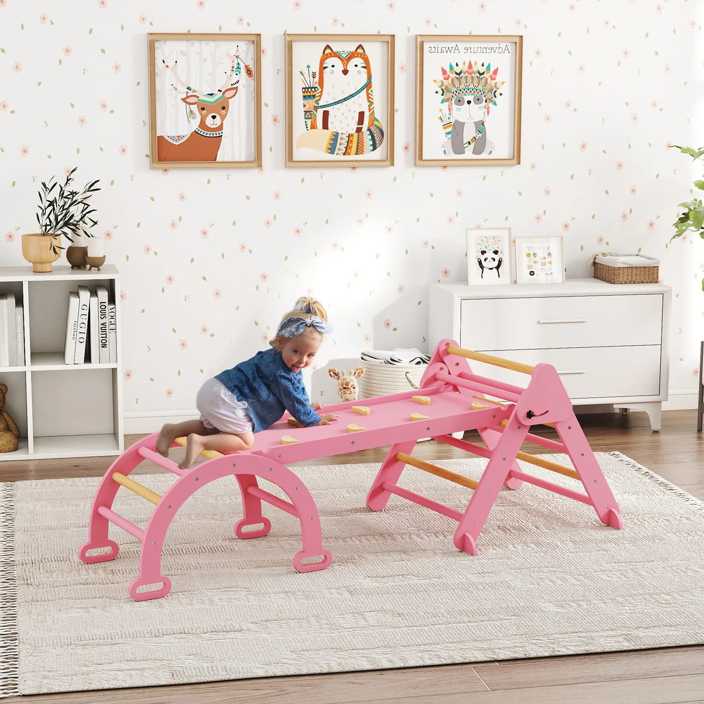 7-in-1 Pikler Triangle Set, Foldable Wooden Climbing Toys, Pink Kids Gym & Playmats at Gallery Canada