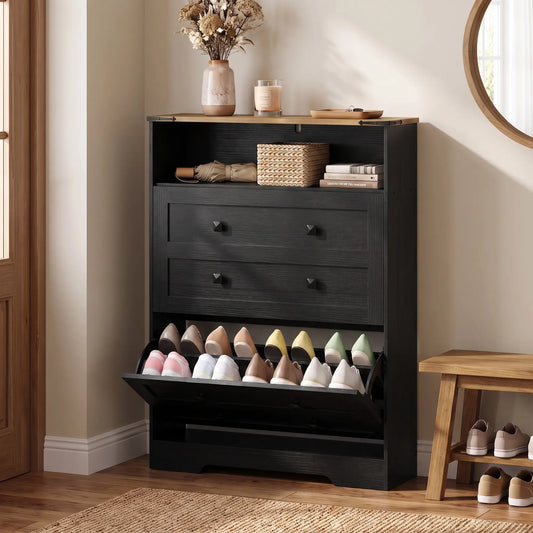Armoire à chaussures avec 2 tiroirs rabattables, étroite, noire