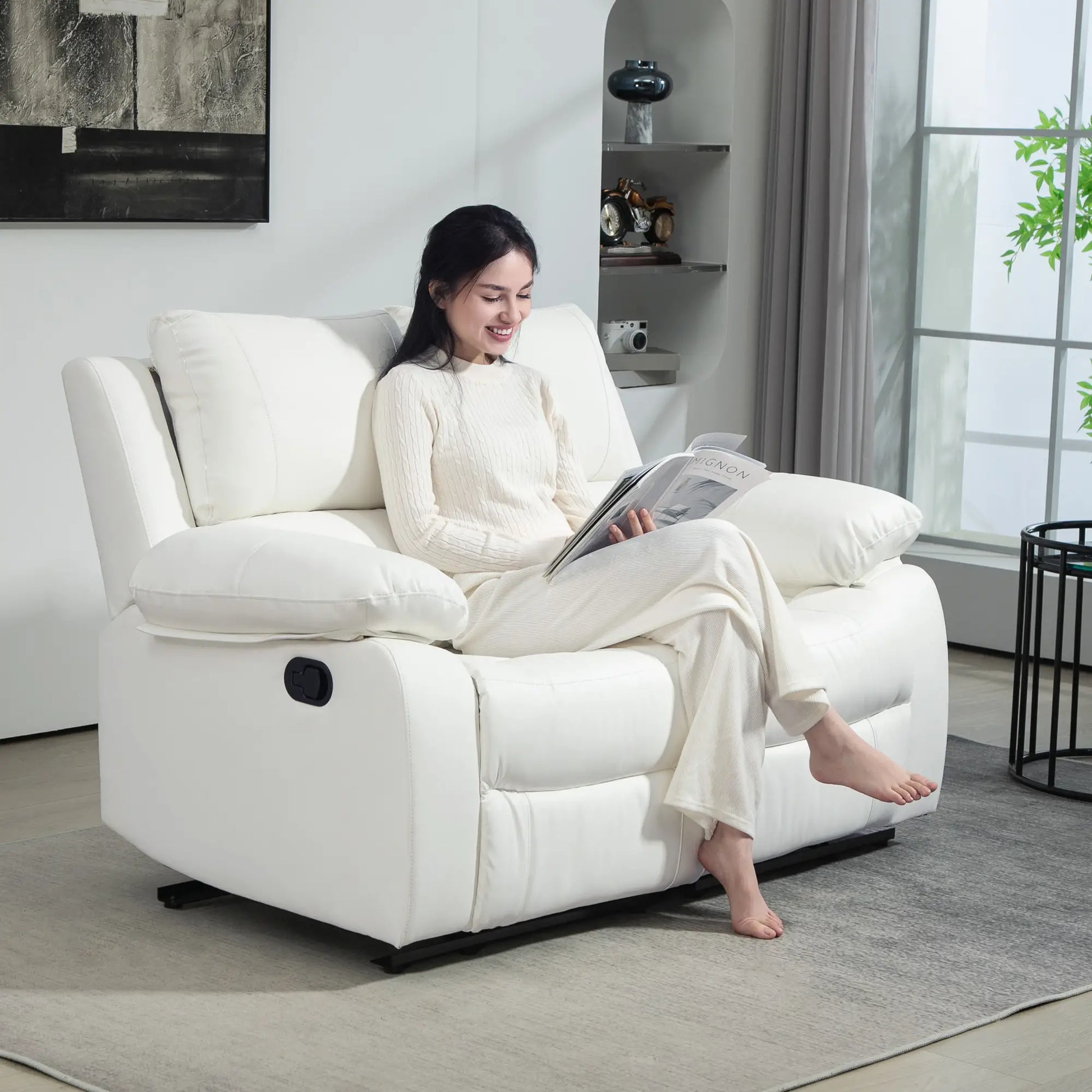 PU Leather Manual Recliner Sofa, Double Reclining Loveseat, White 2-Seater Sofas at Gallery Canada