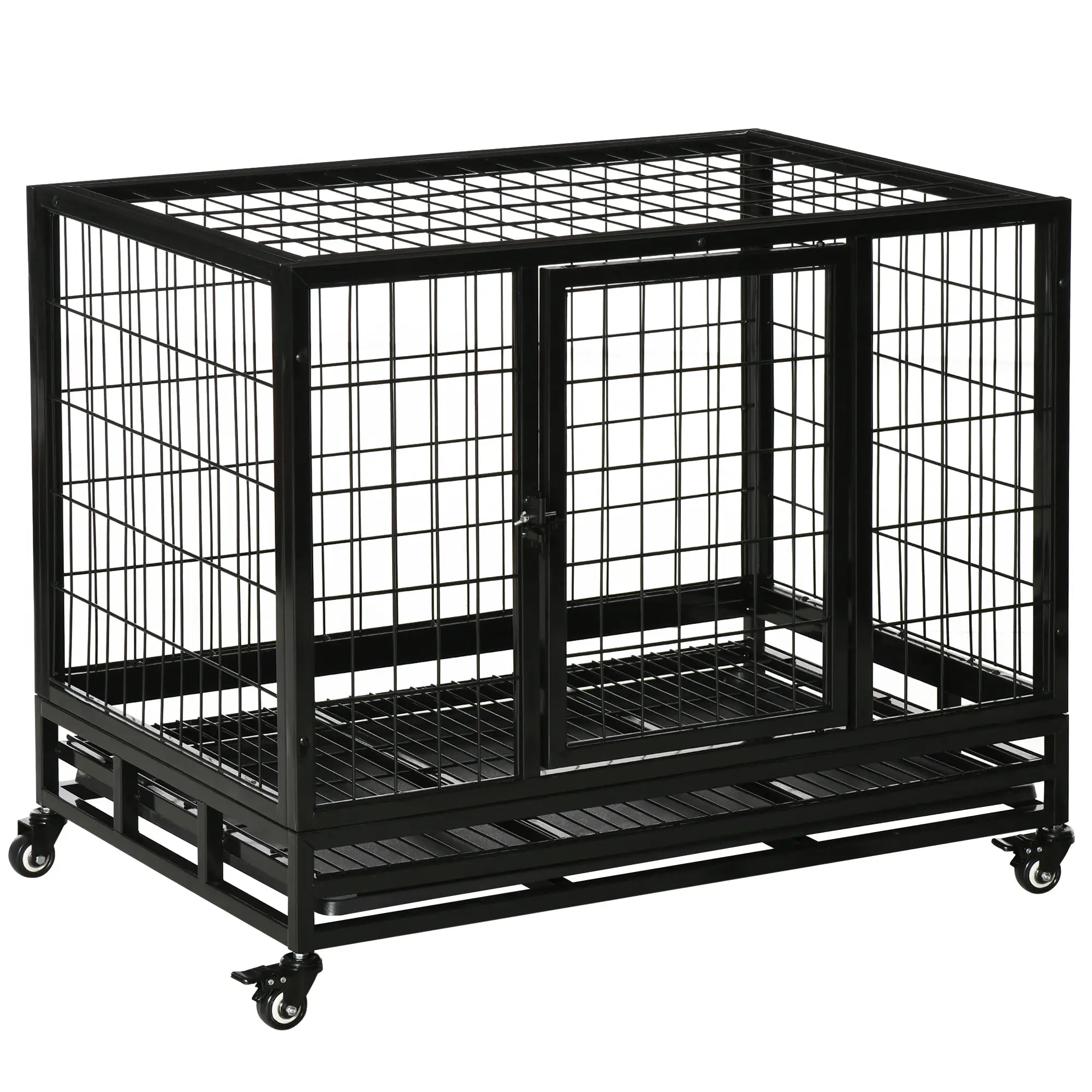 Heavy Duty Dog Crate, Two Doors, Lockable Wheels, Removable Tray, 36