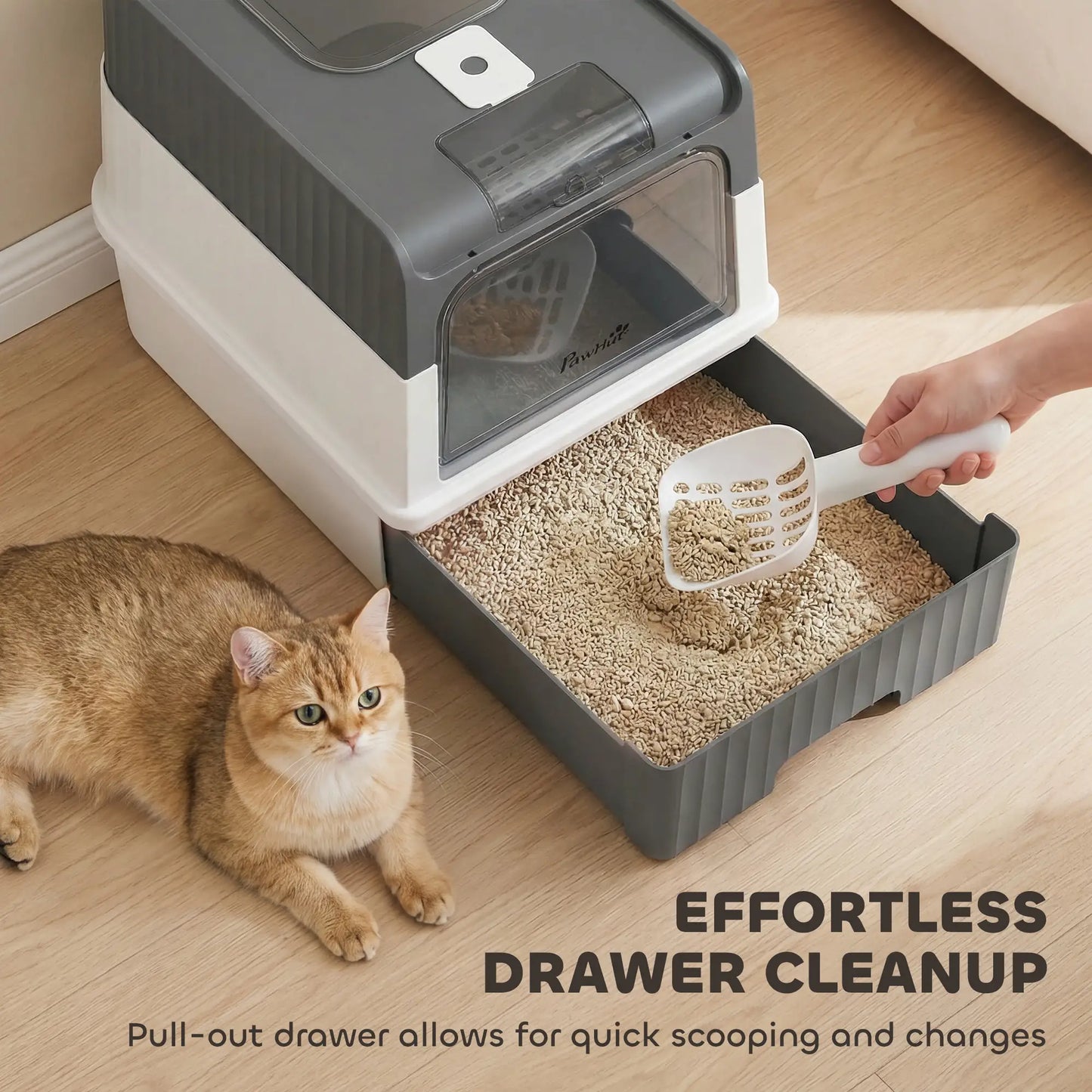 Enclosed Cat Litter Box with Drawer, Scoop, Grey