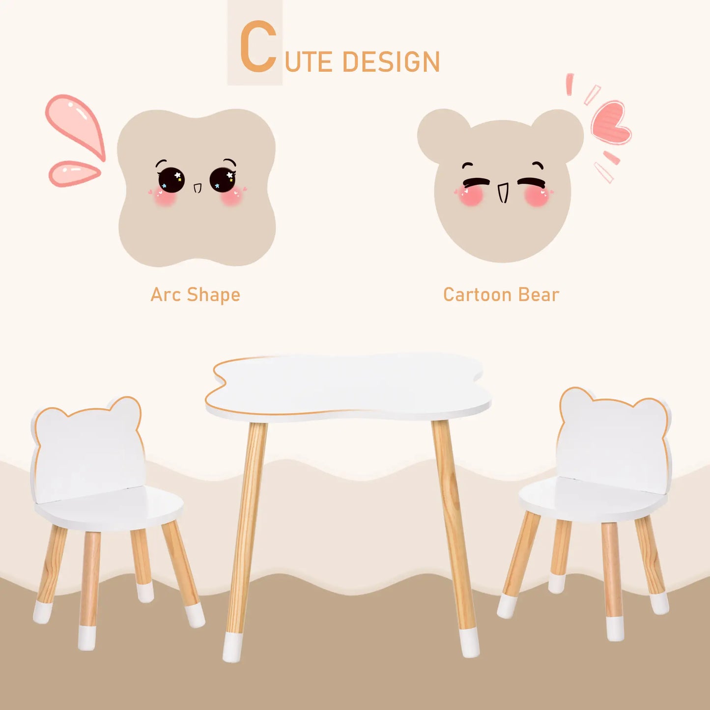 Kids Wooden Table, 2 Chairs Set, Bear Shape, Rounded Corners, White Kids Table Sets at Gallery Canada