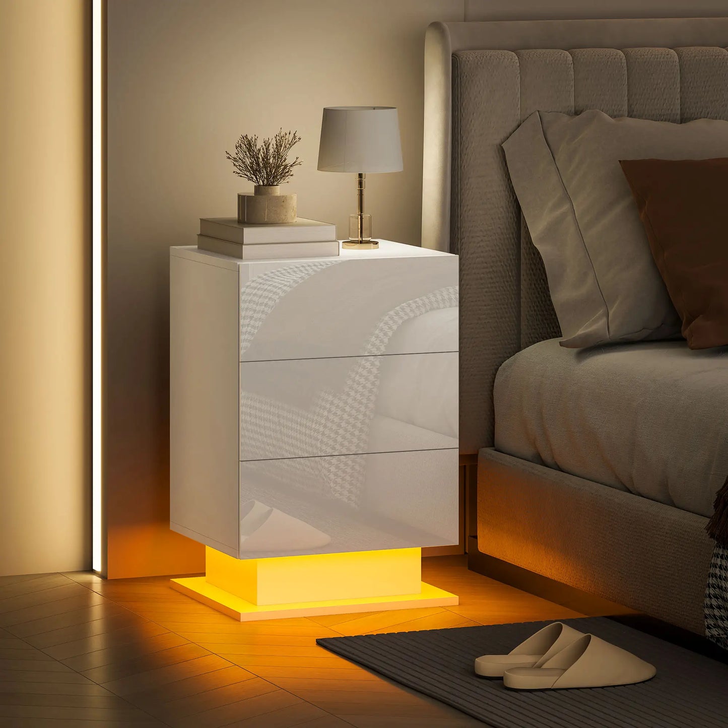 LED Nightstand with 3 Drawers, APP Control, White