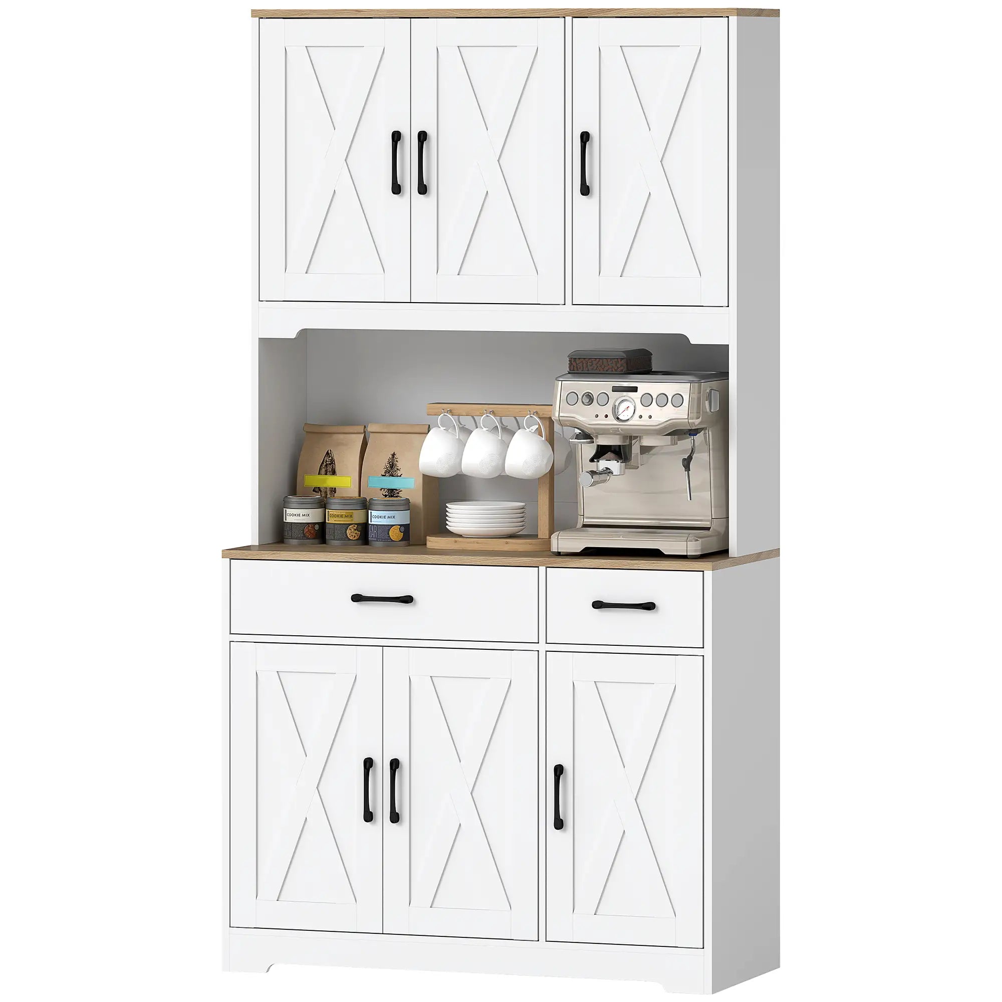 Tall Kitchen Pantry, 6 Doors, 2 Drawers, Adjustable Shelves, White Kitchen Pantry Cabinets Natural Wood, White at Gallery Canada