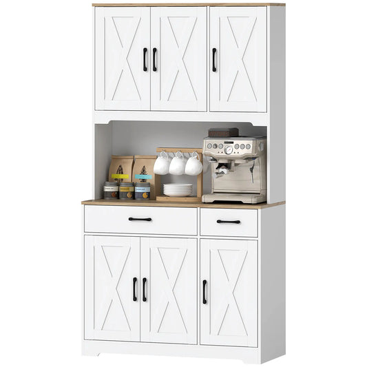 Tall Kitchen Pantry, 6 Doors, 2 Drawers, Adjustable Shelves, White Kitchen Pantry Cabinets Natural Wood, White at Gallery Canada