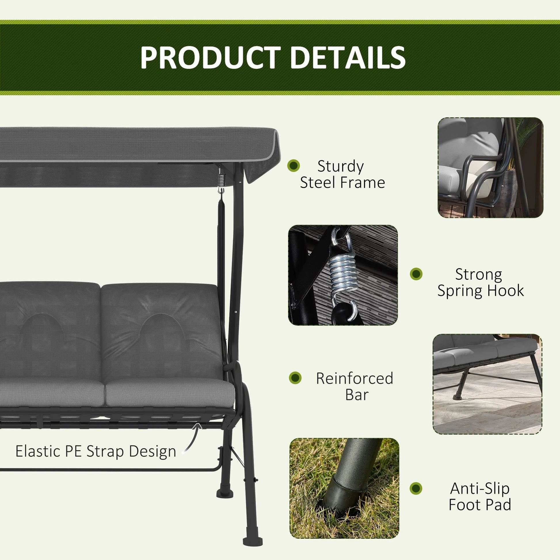 3-Person Patio Swing Chair with Canopy, Light Grey Porch Swings with Canopy at Gallery Canada