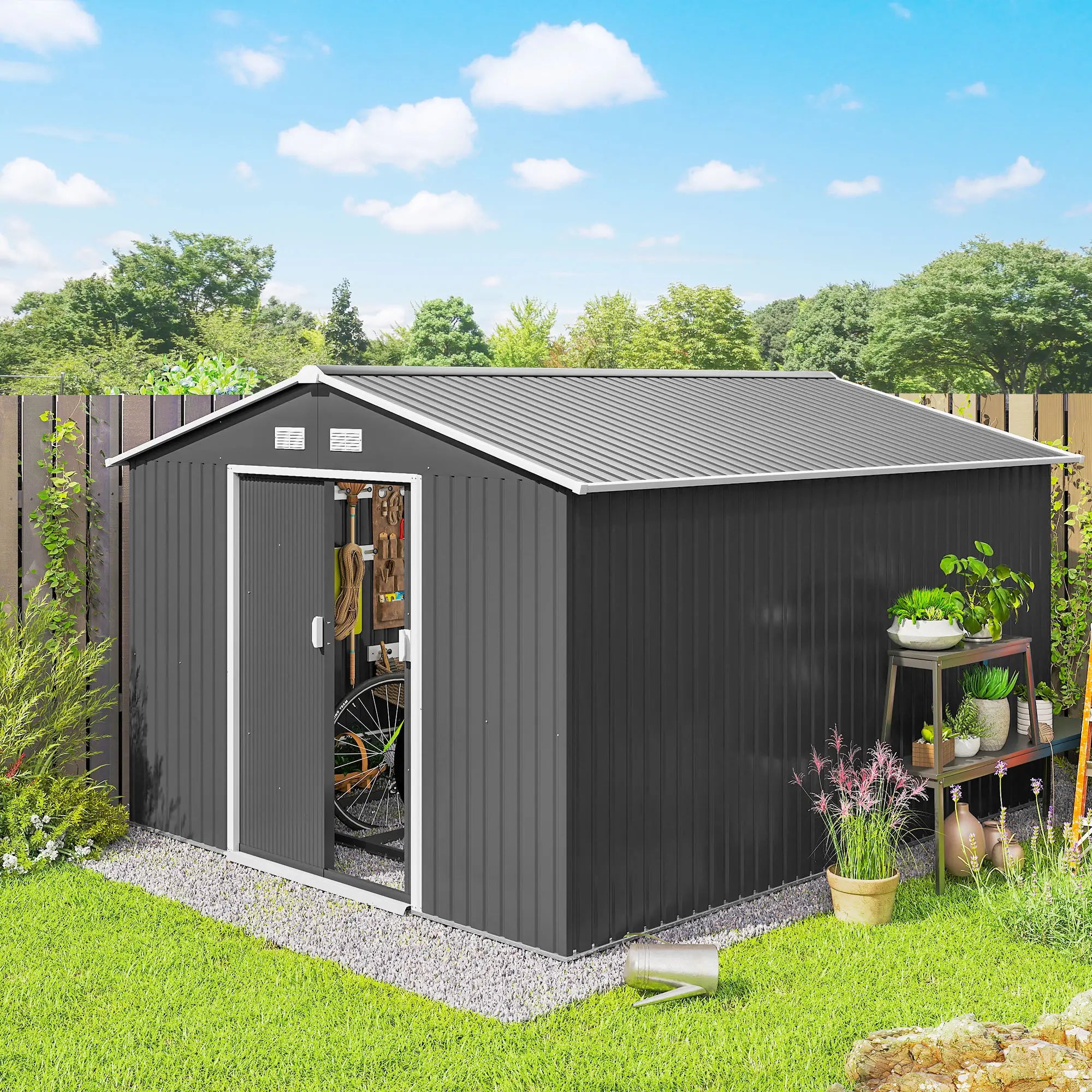 9' x 10.6' Garden Storage Shed, Foundation Kit, Double Doors, Light Grey Sheds at Gallery Canada