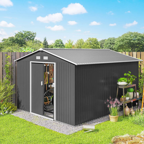 9' x 10.6' Garden Storage Shed, Foundation Kit, Double Doors, Light Grey