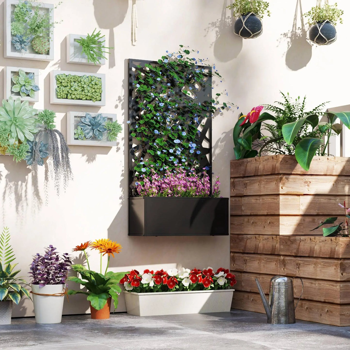 Metal Raised Garden Bed With Trellis, Privacy Panel, Irregular Line Cut-Outs