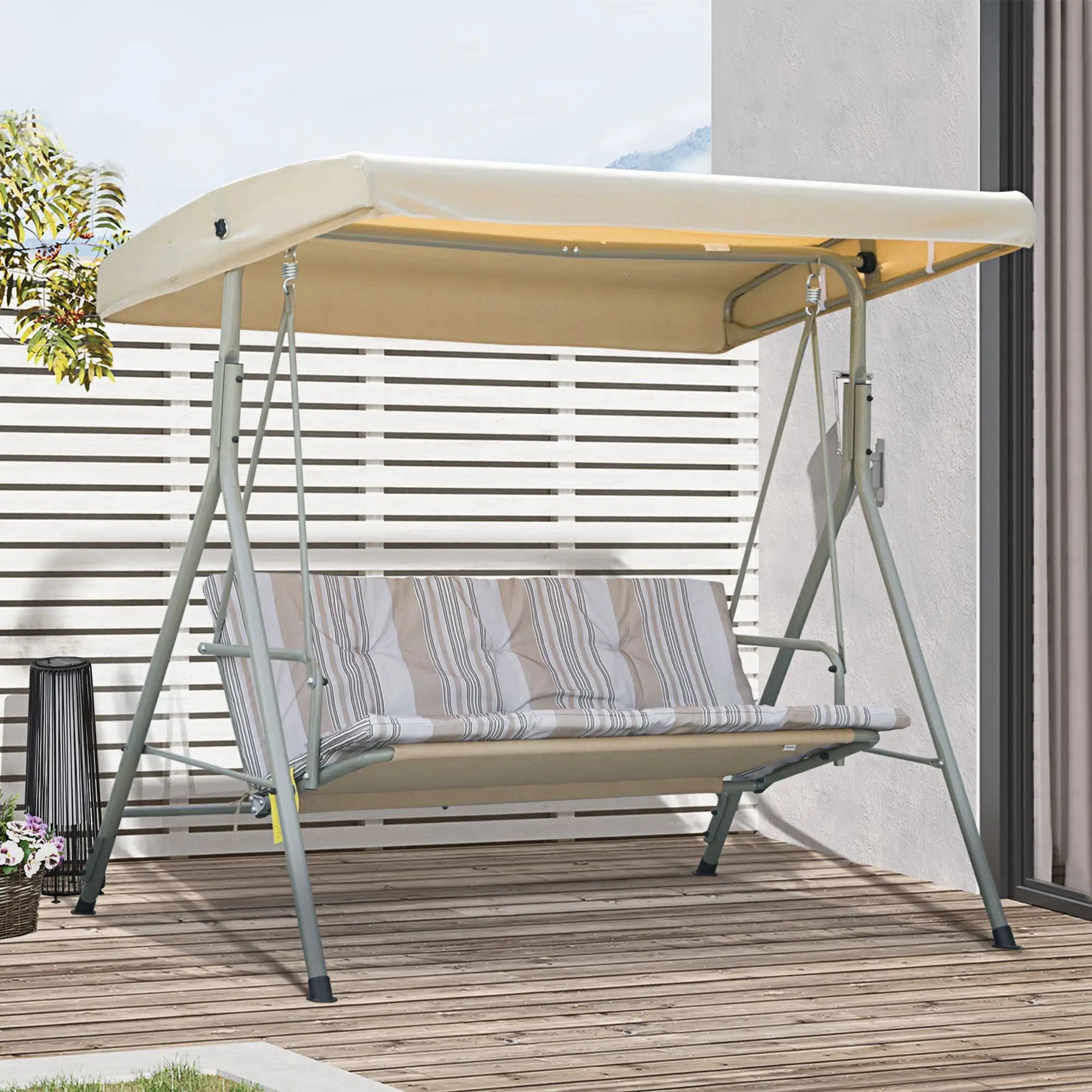 3-Seat Patio Swing Chair, Adjustable Canopy, Light Brown Patio Swings with Stand at Gallery Canada