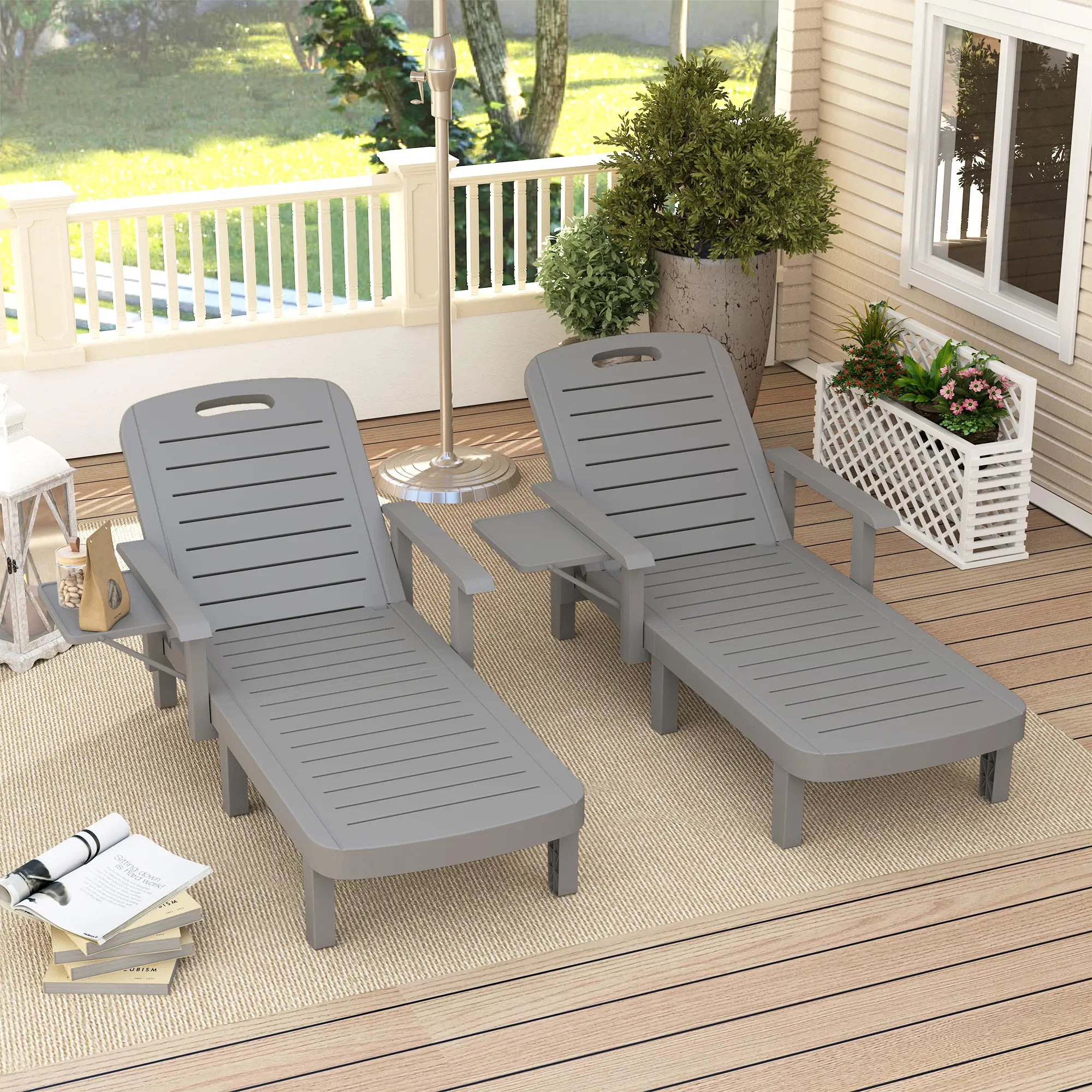 2 Tanning Chairs, 5 Position Adjustable, Foldable Side Table, Dark Grey Lounger Chairs at Gallery Canada